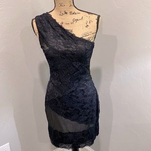 Vanity, Black, One Shoulder Lace Dress with Silky Gold Lining, New with Tags SzM